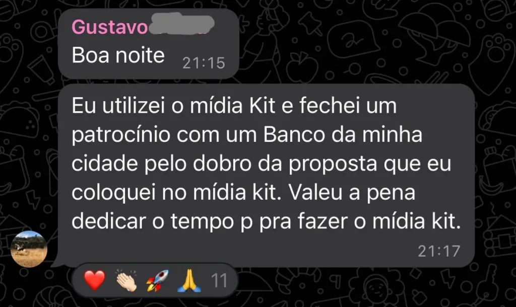 Mensagem de Gustavo contando que fechou patrocínio pelo dobro da proposta inicial